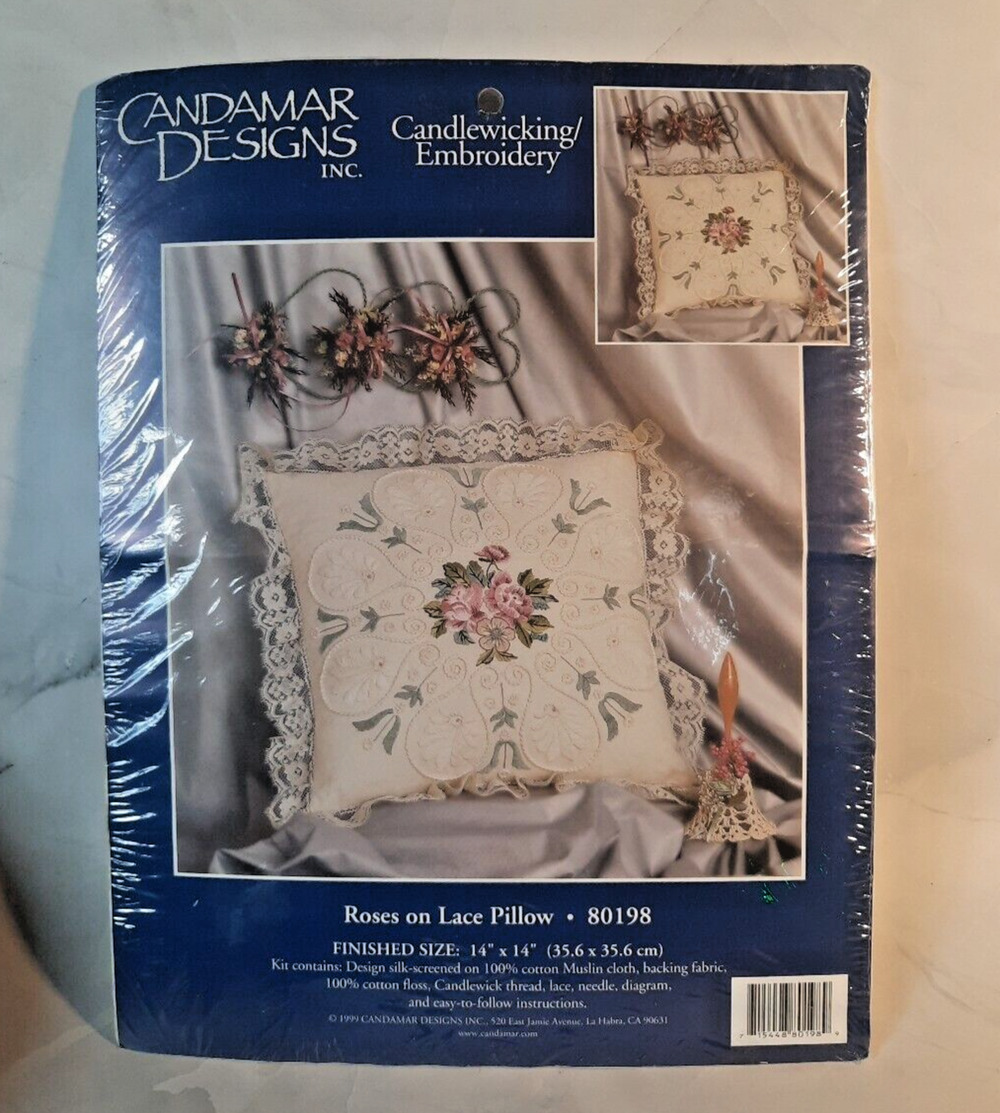 Vintage Candamar Designs Candlewicking Embroidery Kit Roses On Lace Pillow